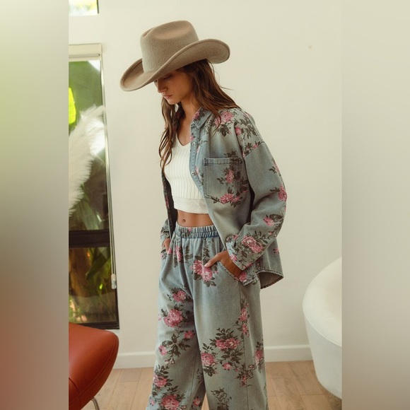 Denim floral washed button shirt elastic waist wide leg boho bohemian pant set - Picture 6 of 11